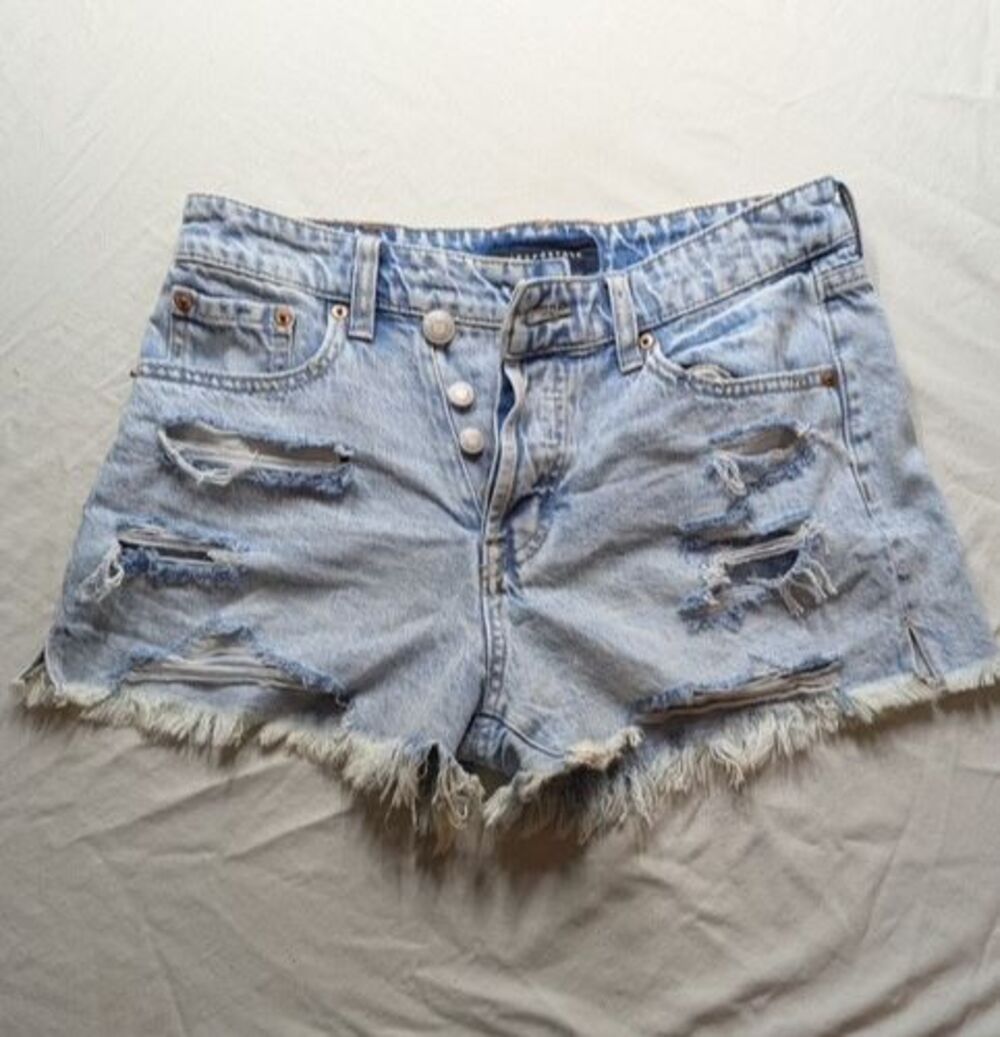 Aeropostale Vintage High Rise Shorty Shorts 4 Distressed Denim Cutoff Y2K Blue